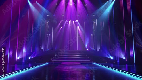 Speaker podium. Podium winner. Podium fashion. Blue spotlights, stage lights, beautiful lighting. Comedy night background template. a blue round podium on a technologic with blue lights. Pure color photo