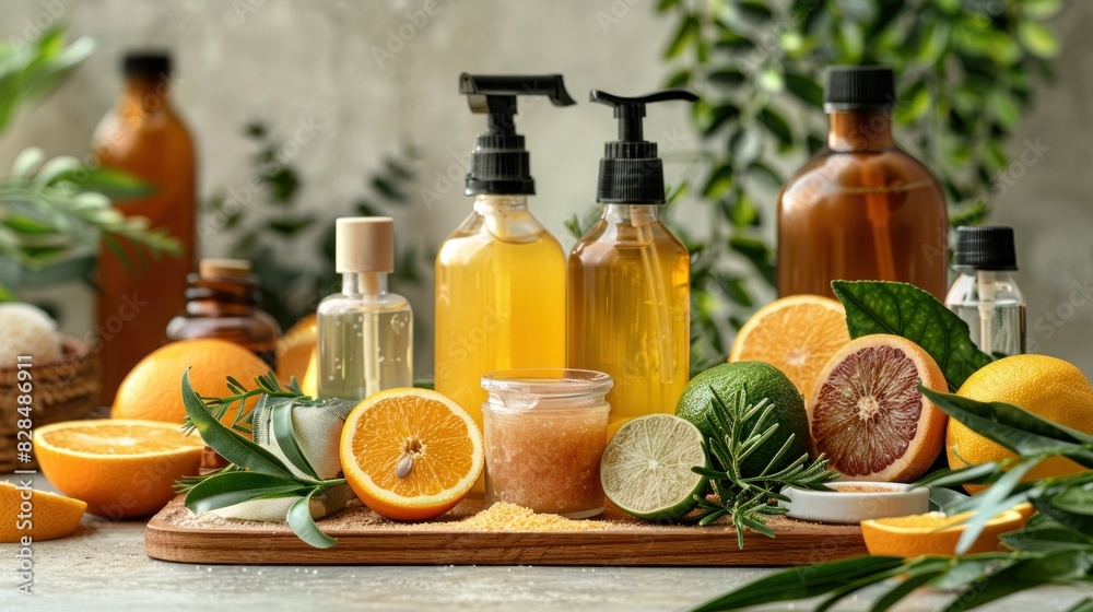 Photo of a collection of homemade cleaning products made from natural, organic ingredients. Photo of a collection of homemade cleaning products made from natural, organic ingredients.