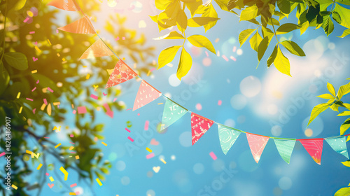 Fototapeta Naklejka Na Ścianę i Meble -  Fair, colorful background with triangular flags. Flags hang against the blue sky for a fun fiesta event, summer farm holiday celebration, carnival festival, park decoration or street festival