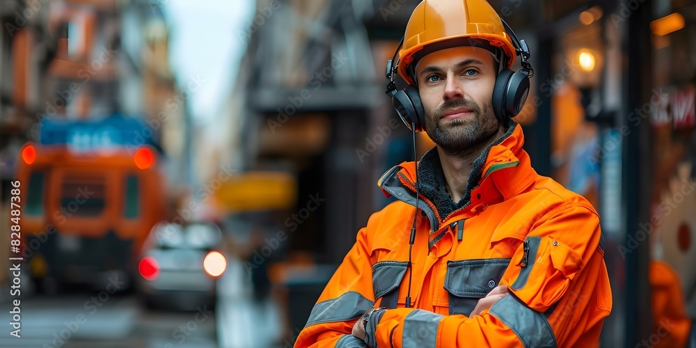 Bluecollar worker in orange workwear with hard hat and headphones on street. Concept Construction Worker, Hard Hat, Urban Setting, Workwear Fashion, Street Style Bluecollar worker in orange workwear with hard hat and headphones on street. Concept Construction Worker, Hard Hat, Urban Setting, Workwear Fashion, Street Style