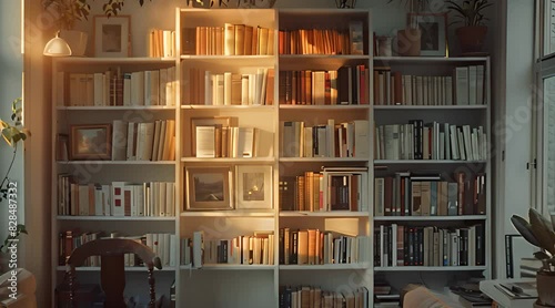A small white and grey zoom background of a couple bookcases photo