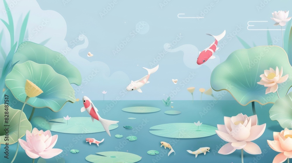 Minimalist Garden Pond Background Illustration with Pastel Lotus Flowers and Koi Fish Minimalist Garden Pond Background Illustration with Pastel Lotus Flowers and Koi Fish