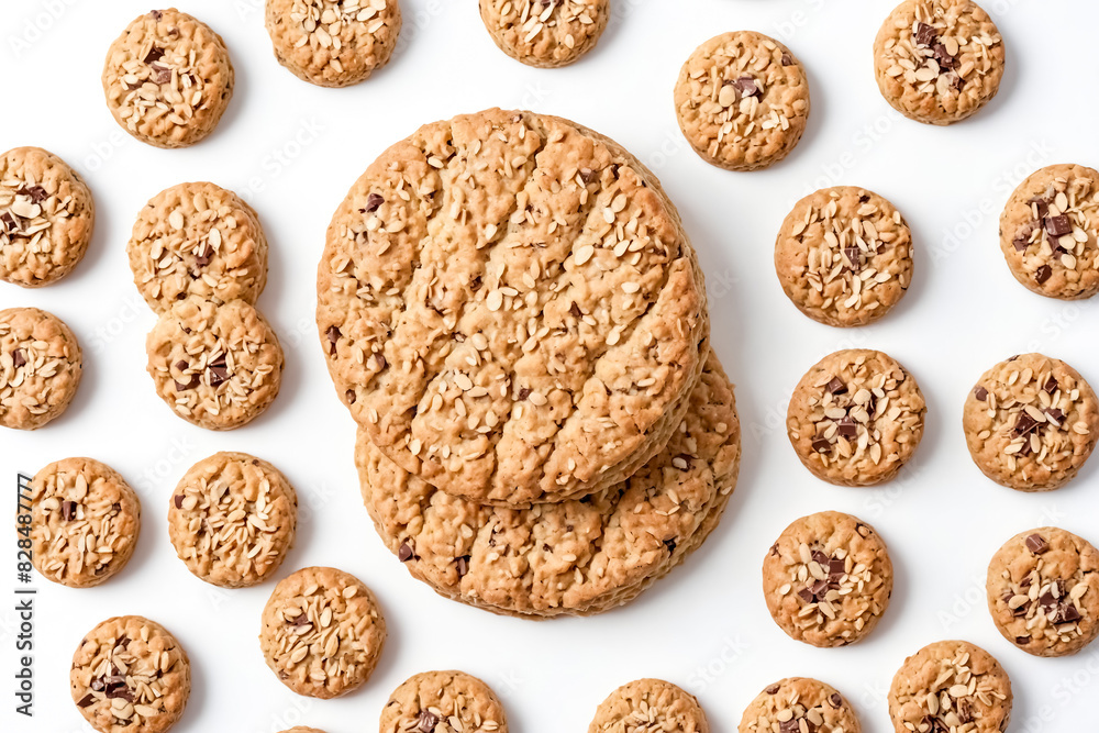 Overhead shot of oatmeal chocolate chip cookies on white background Overhead shot of oatmeal chocolate chip cookies on white background