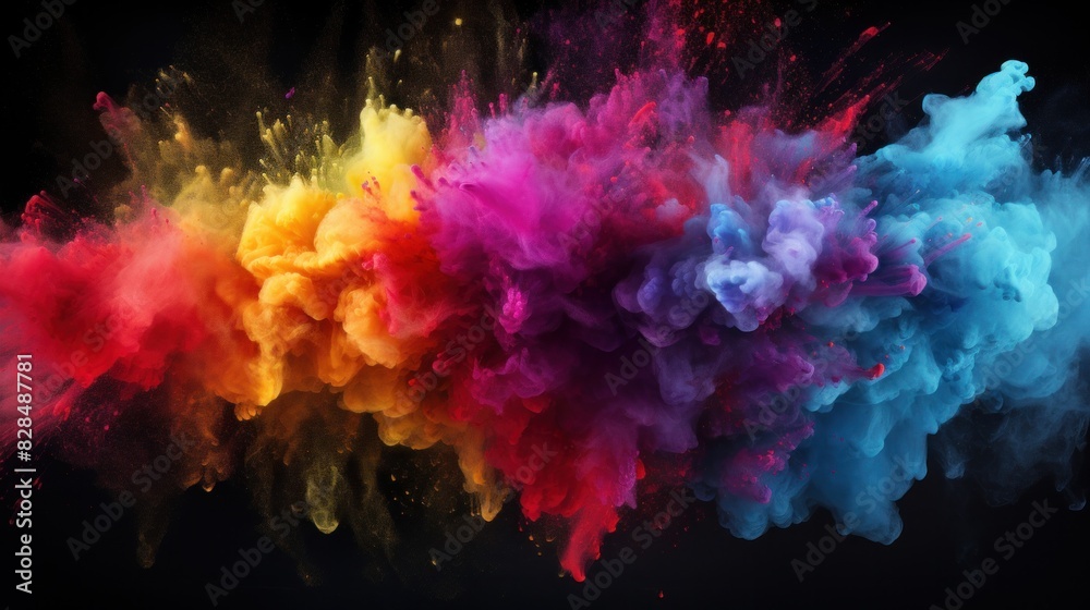 Explosion of colorful powder on black background frozen movement illustration
