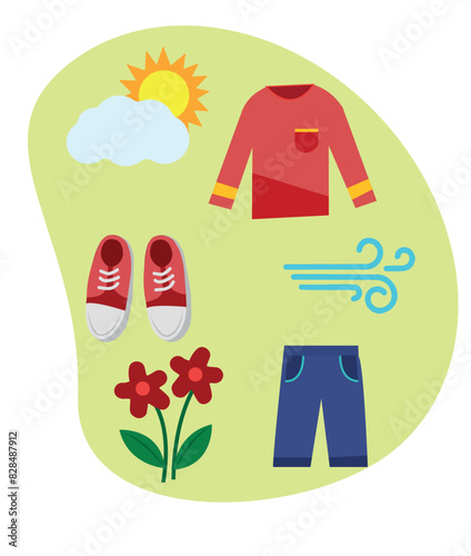 Spring Clothing. Clothing and items for spring season. Seasons vector illustration set