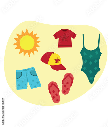Summer Clothing. Clothing and items for summer season. Seasons vector illustration set