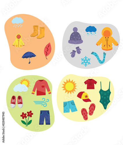 Clothing and items for all seasons. Clothing for seasons vector illustration set