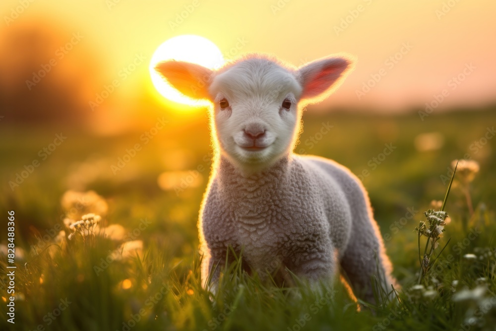 Cute lamb on green meadow during sunrise