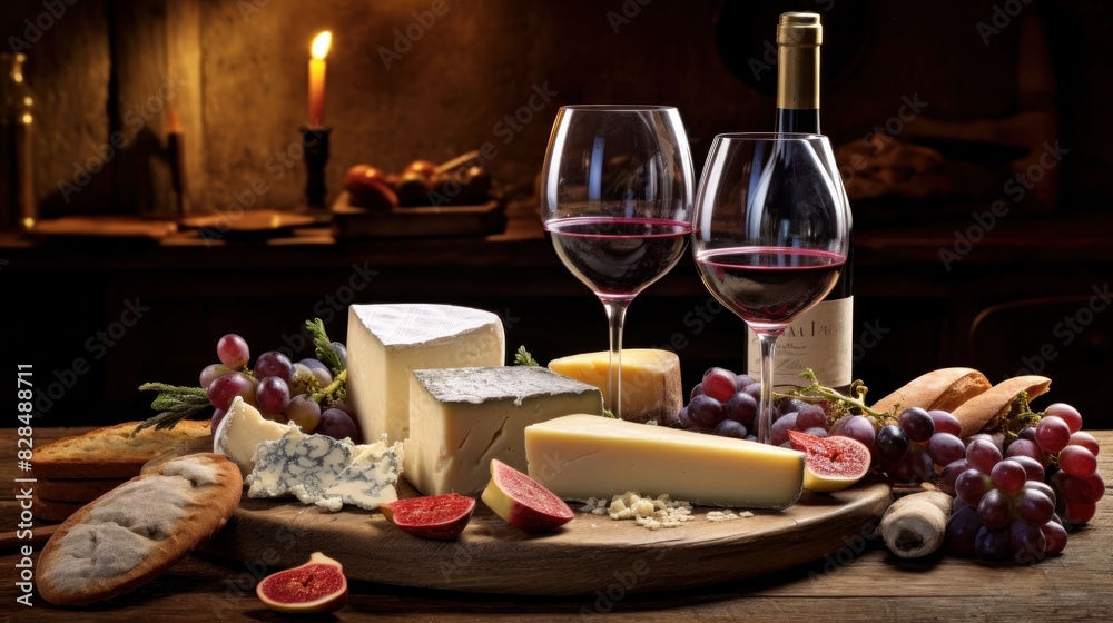 Delicious cheese with glass and bottle of red wine on wooden table