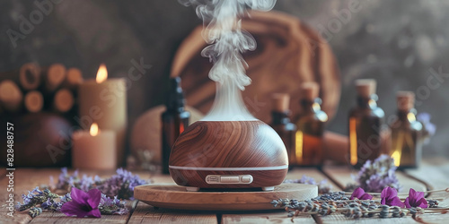 Essential oil diffuser surrounded by bottles of herbal oils, illustrating the connection between aromatherapy and beauty photo