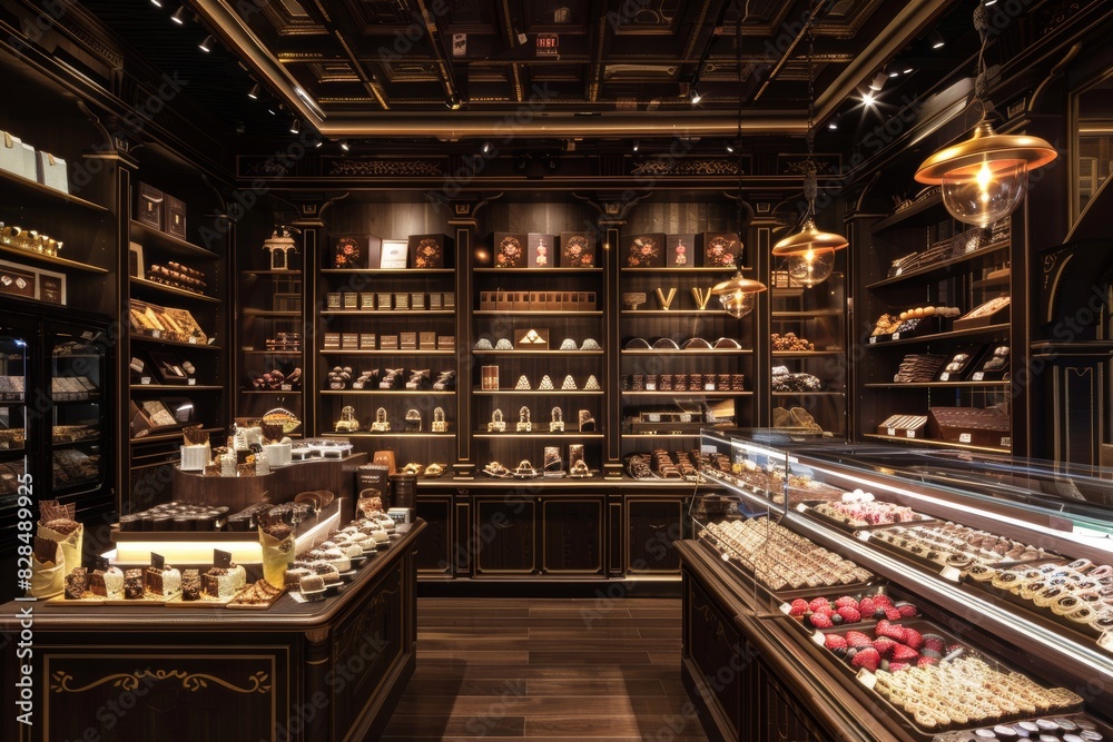 Elegant Chocolate Shop Interior with Luxurious Design and Beautifully Arranged Displays of Various Chocolate Products