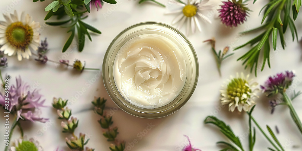 Glass jar of homemade herbal cream surrounded by fresh botanicals, showcasing the purity of natural cosmetics Glass jar of homemade herbal cream surrounded by fresh botanicals, showcasing the purity of natural cosmetics