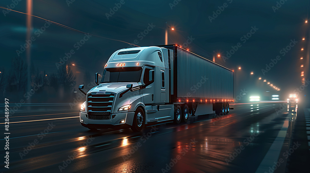 Freight drops, white semitruck with trailer on highway at night. Modern trucking concept, long exposure.