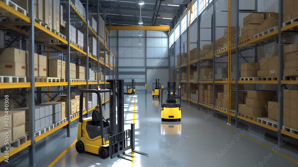 Three forklifts are parked in a warehouse. The forklifts are yellow and black. The warehouse is very large and has many shelves Three forklifts are parked in a warehouse. The forklifts are yellow and black. The warehouse is very large and has many shelves