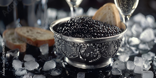 Traditional russian snack black caviar on a wooden background.