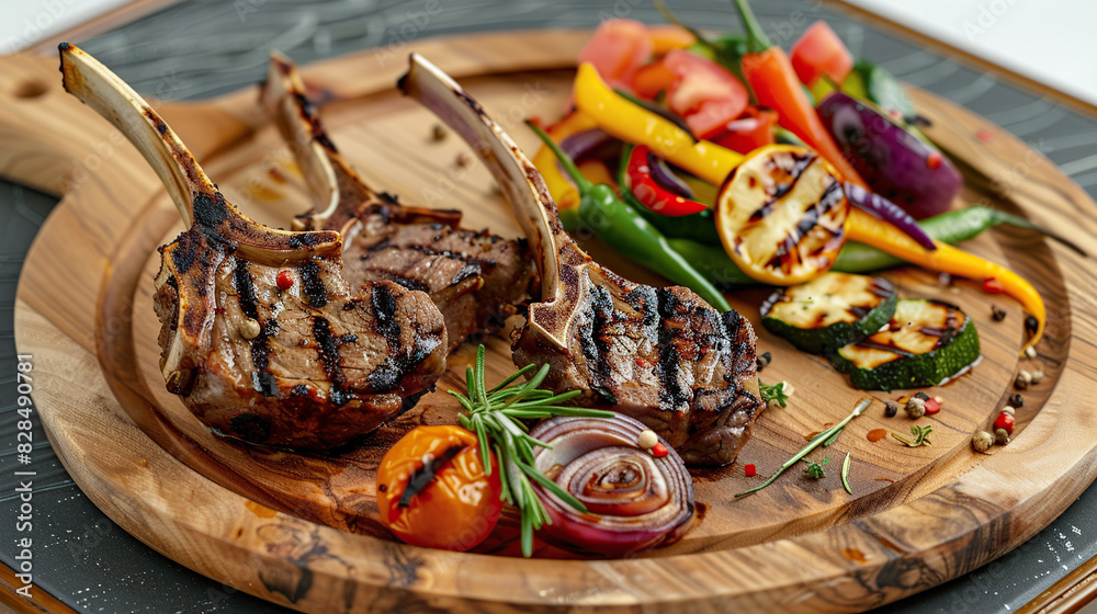 Two grilled lamb chops paired with various seasonal vegetables, placed on a simple wooden board Two grilled lamb chops paired with various seasonal vegetables, placed on a simple wooden board