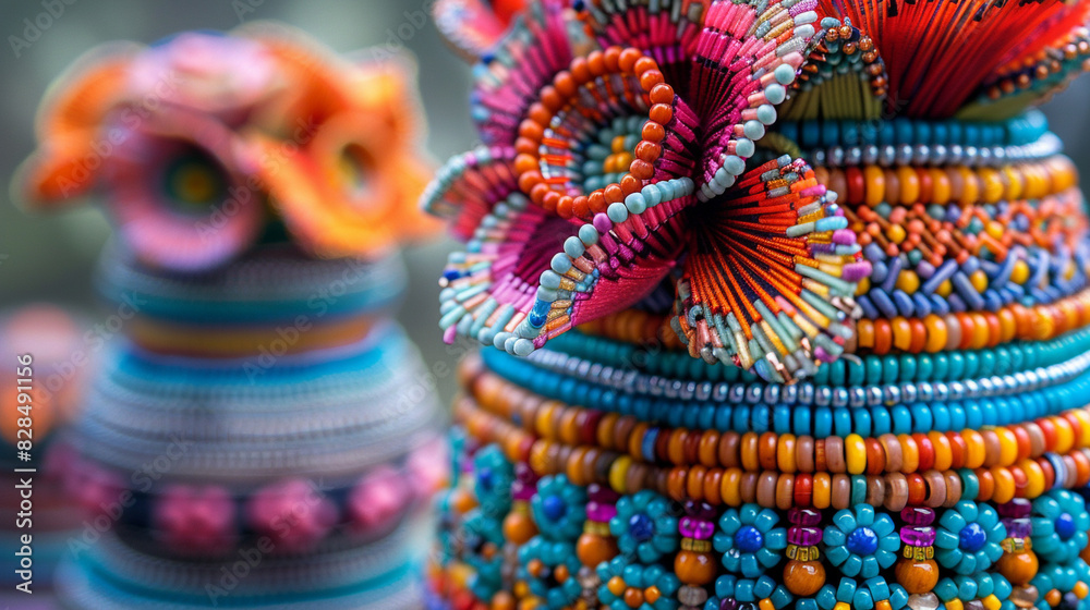 close up of colourful bead work from native peruvian indigenous people