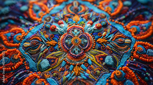 close up of colourful bead work from native peruvian indigenous people photo