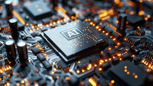 Photograph of a state-of-the-art microchip emblazoned with the name AI, symbolizing advanced artificial intelligence technology. photo