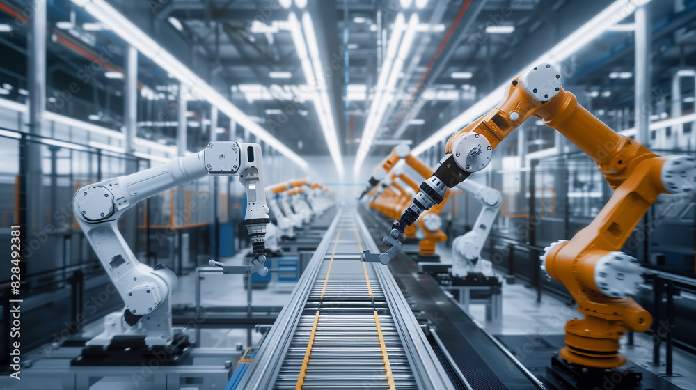 A factory with robots working on a conveyor belt. The robots are orange and are working together to assemble a product. Scene is one of efficiency and productivity A factory with robots working on a conveyor belt. The robots are orange and are working together to assemble a product. Scene is one of efficiency and productivity
