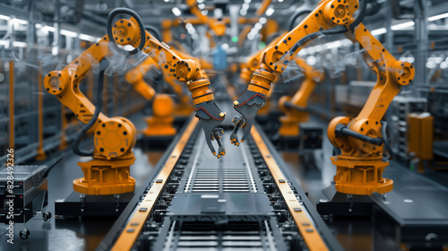 A factory with robots working on a conveyor belt. The robots are orange and are working together to assemble a product. Scene is one of efficiency and productivity