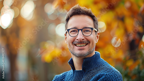 A smiling, confident man, wearing glasses and a sweater, outdoors in the fall