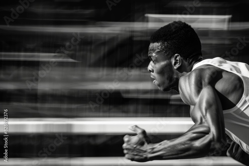 Intense Hurdler Sprinting Full Speed Towards Hurdle, Captured in Black and White - Focus and Determination photo