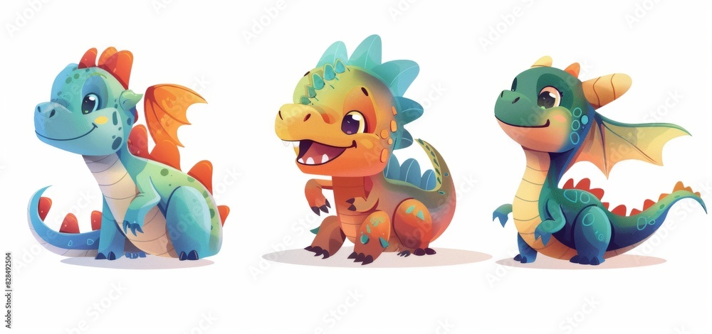 Obraz premium Colorful Cute Cartoon Dinosaurs Smiling