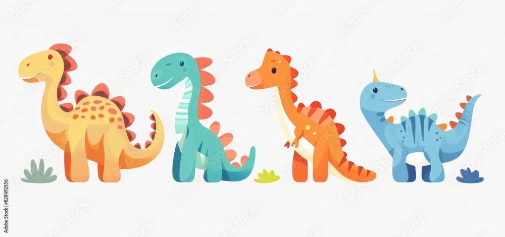 Colorful Cute Cartoon Dinosaurs Smiling