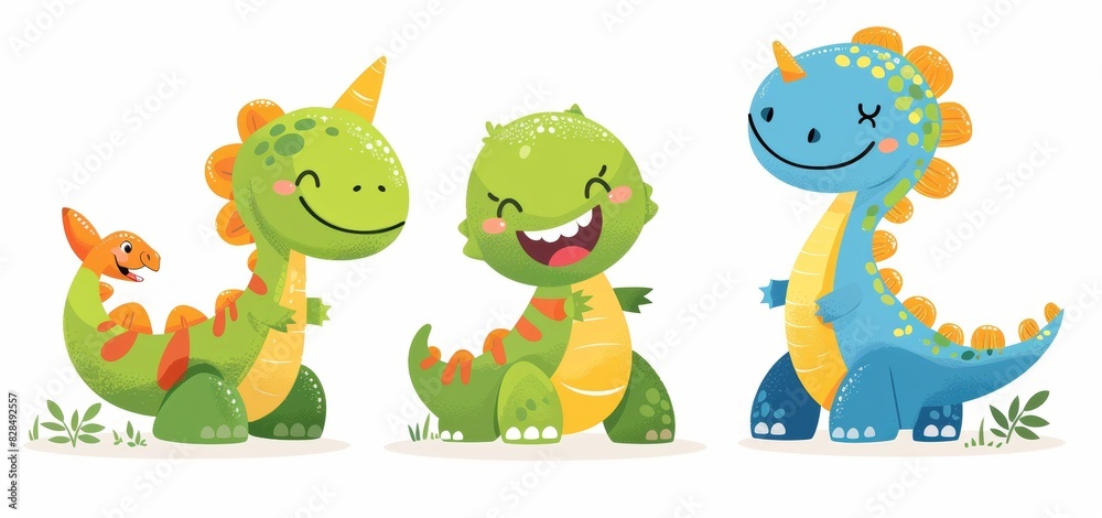 Naklejka premium Colorful Cute Cartoon Dinosaurs Smiling