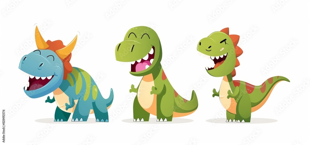 Obraz premium Colorful Cute Cartoon Dinosaurs Smiling