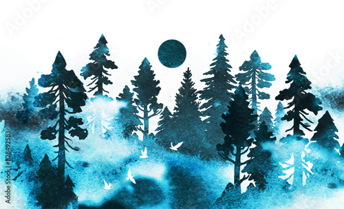 Vector watercolor template. Mystical foggy landscape. Hand drawn nature illustration with coniferous forest, birds, moon and place for text.  All elements, textures are individual objects