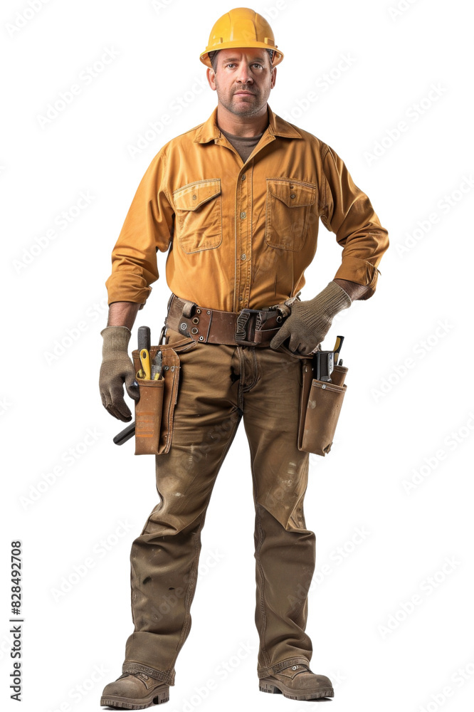 Construction worker standing confidently in hard hat and tool belt. The worker is dressed in standard construction attire and is set against a pristine transperent background Construction worker standing confidently in hard hat and tool belt. The worker is dressed in standard construction attire and is set against a pristine transperent background