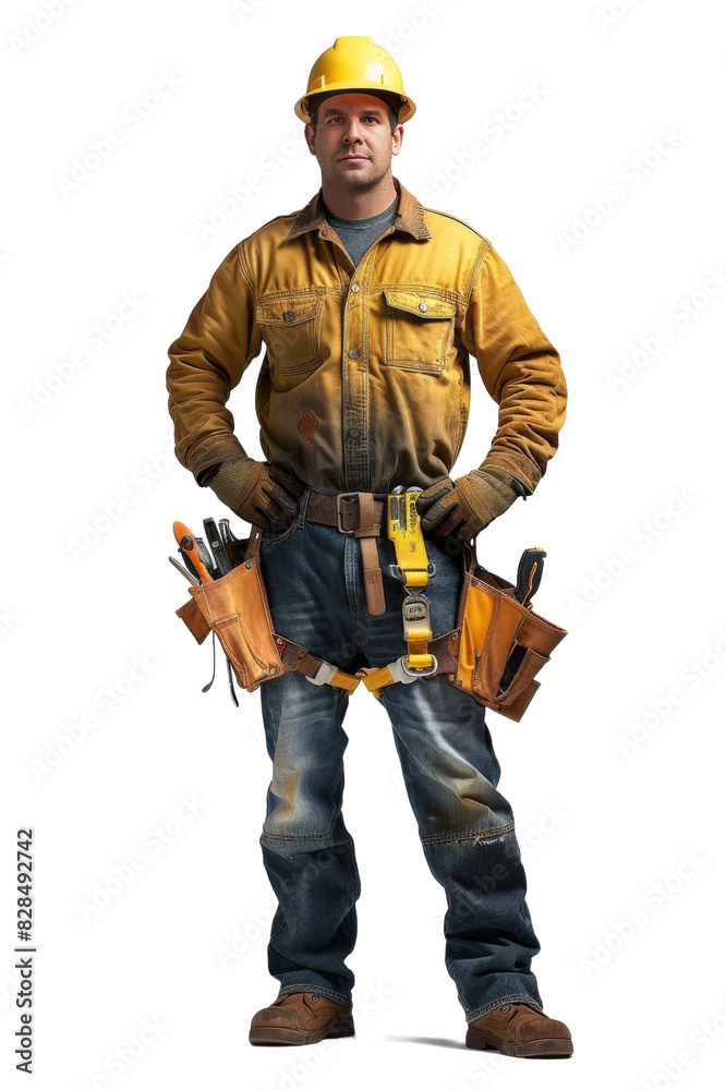 Construction worker wearing hard hat and tool belt, standing transperent background. The image highlights the worker’s complete outfit and professional equipment Construction worker wearing hard hat and tool belt, standing transperent background. The image highlights the worker’s complete outfit and professional equipment