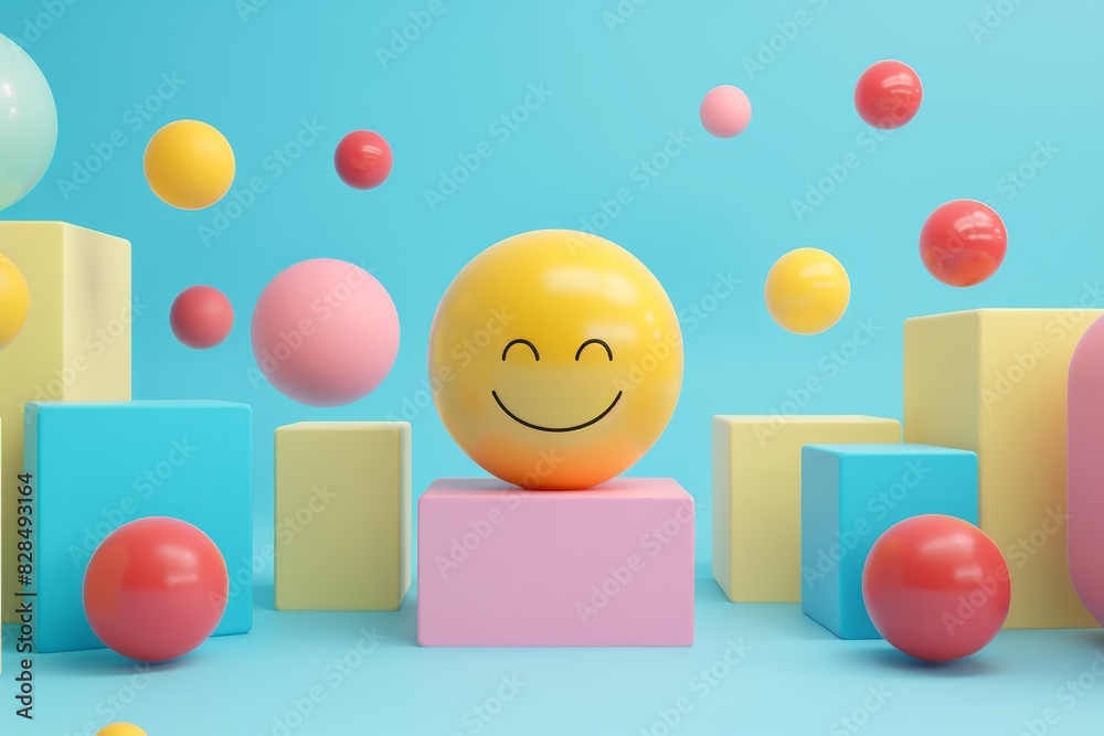 A smiling face is surrounded by colorful spheres A smiling face is surrounded by colorful spheres