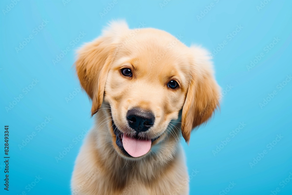 In a studio photo, a friendly golden retriever dog is captured pulling a funny face, radiating charm and playfulness. This portrait perfectly captures the lovable and humorous nature of the dog. 