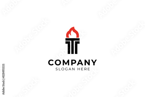 Initial Letter T Burning Torch Fire Flame with Pillar column logo design template