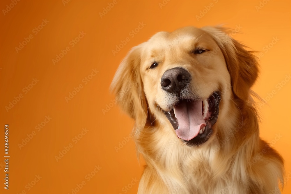 In a studio photo, a friendly golden retriever dog is captured pulling a funny face, radiating charm and playfulness. This portrait perfectly captures the lovable and humorous nature of the dog. 