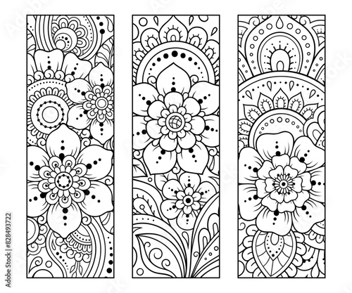 Printable bookmark for book - coloring. Set of black and white labels with flower patterns, hand draw in mehndi style. Sketch of ornaments for creativity of children and adults with colored pencils.