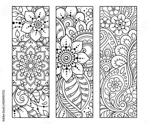Printable bookmark for book - coloring. Set of black and white labels with flower patterns, hand draw in mehndi style. Sketch of ornaments for creativity of children and adults with colored pencils.