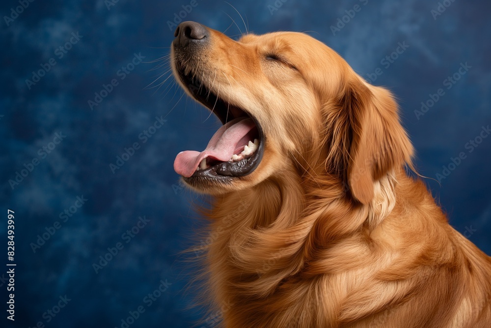 In a studio photo, a friendly golden retriever dog is captured pulling a funny face, radiating charm and playfulness. This portrait perfectly captures the lovable and humorous nature of the dog. In a studio photo, a friendly golden retriever dog is captured pulling a funny face, radiating charm and playfulness. This portrait perfectly captures the lovable and humorous nature of the dog.
