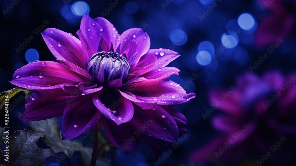 Close-Up Of A Dew-Kissed Purple Dahlia Against A Bokeh Background. Generative AI