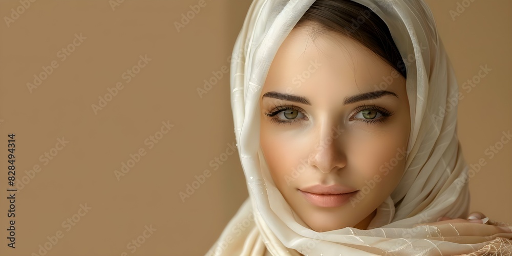 Fototapeta premium Fashionable model with a white headscarf ready for magazine covers and ads. Concept Fashion Editorial, Headscarf Styling, Model Posing, Magazine Cover, Advertising Campaign