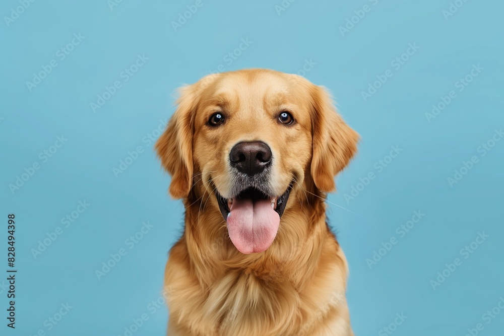 In a studio photo, a friendly golden retriever dog is captured pulling a funny face, radiating charm and playfulness. This portrait perfectly captures the lovable and humorous nature of the dog. 