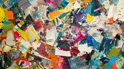 Abstract collages created from torn newspapers and magazines.