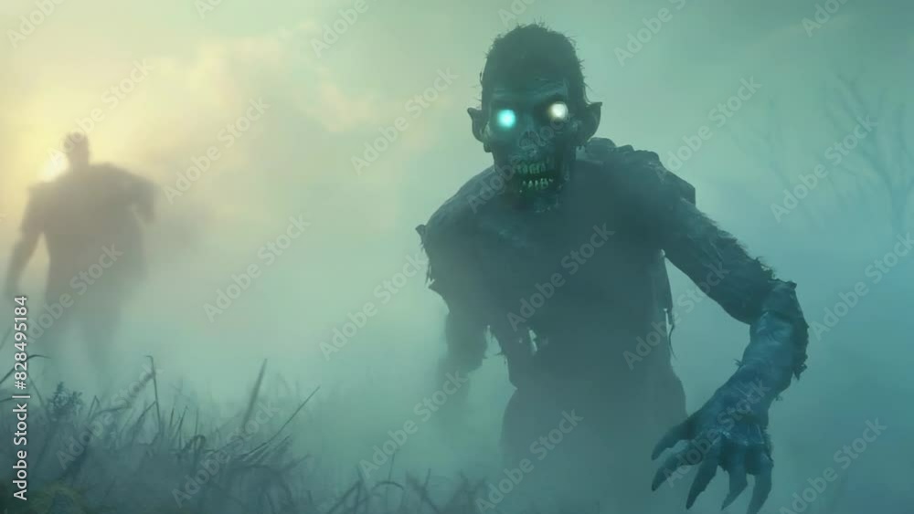 A hungry zombie with crazy eyes tries to approach its victim through the fog A hungry zombie with crazy eyes tries to approach its victim through the fog