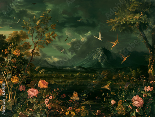 Surreal art fantasy scene secret mysterious garden of flowers and plants, peonies, tulips, roses, orchids, fruits, mushrooms. Baroque, renaissance style, rich colors, dramatic lighting, oil painting