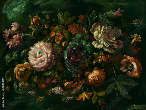 Surreal art fantasy scene secret mysterious garden of flowers and plants, peonies, tulips, roses, orchids, fruits, mushrooms. Baroque, renaissance style, rich colors, dramatic lighting, oil painting