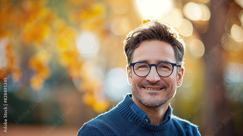 A smiling, confident man, wearing glasses and a sweater, outdoors in the fall