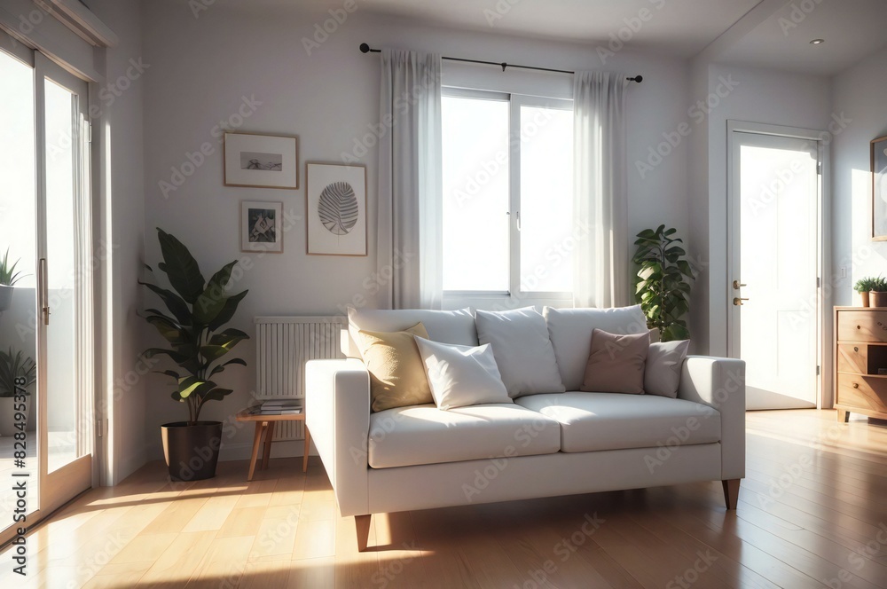 Fototapeta premium Cozy minimalist living room with a comfortable sofa, wooden floor, plants, and warm sunlight streaming in through the window
